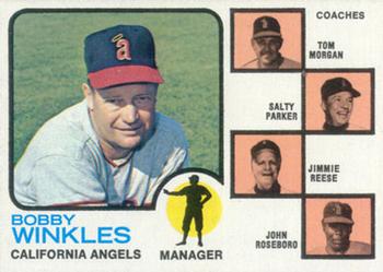 1973 Topps #421 Angels Field Leaders (Bobby Winkles / Tom Morgan / Salty Parker / Jimmie Reese / John Roseboro) Front