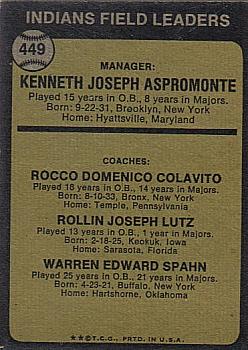 1973 Topps #449 Indians Field Leaders (Ken Aspromonte / Rocky Colavito / Joe Lutz / Warren Spahn) Back