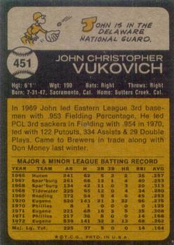 1973 Topps #451 John Vukovich Back