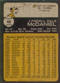 1973 Topps #46 Lindy McDaniel Back
