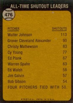 1973 Topps #476 The All-Time Shutout Leader - Walter Johnson Back
