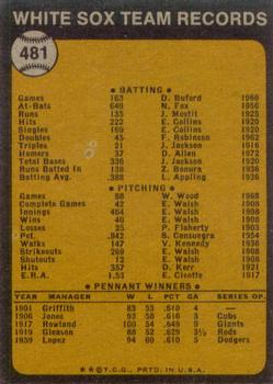 1973 Topps #481 Chicago White Sox Back