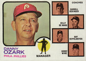 1973 Topps #486 Phillies Field Leaders (Danny Ozark / Carroll Beringer / Billy de Mars / Ray Rippelmeyer / Bobby Wine) Front