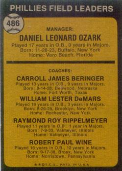 1973 Topps #486 Phillies Field Leaders (Danny Ozark / Carroll Beringer / Billy de Mars / Ray Rippelmeyer / Bobby Wine) Back