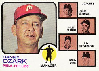 1973 Topps #486 Phillies Field Leaders (Danny Ozark / Carroll Beringer / Billy de Mars / Ray Rippelmeyer / Bobby Wine) Front