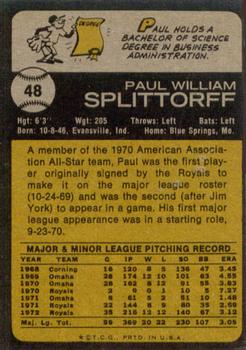 1973 Topps #48 Paul Splittorff Back