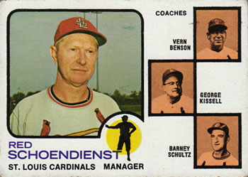 1973 Topps #497 Cardinals Field Leaders (Red Schoendienst / Vern Benson / George Kissell / Barney Schultz) Front