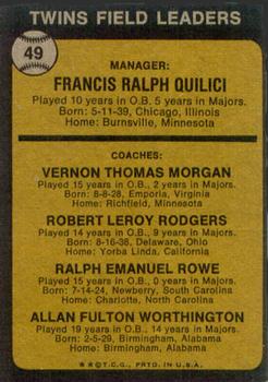 1973 Topps #49 Twins Field Leaders (Frank Quilici / Vern Morgan / Bob Rodgers / Ralph Rowe / Al Worthington) Back