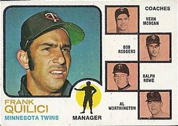 1973 Topps #49 Twins Field Leaders (Frank Quilici / Vern Morgan / Bob Rodgers / Ralph Rowe / Al Worthington) Front