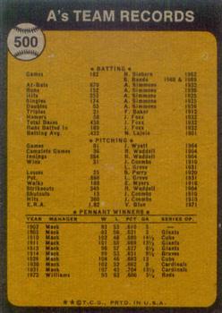 1973 Topps #500 Oakland A's Back