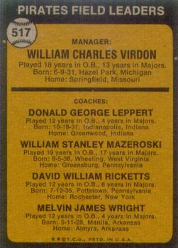 1973 Topps #517 Pirates Field Leaders (Bill Virdon / Don Leppert / Bill Mazeroski / Dave Ricketts / Mel Wright) Back