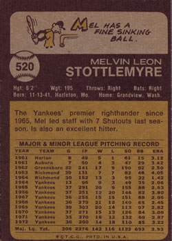 1973 Topps #520 Mel Stottlemyre Back