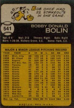 1973 Topps #541 Bob Bolin Back