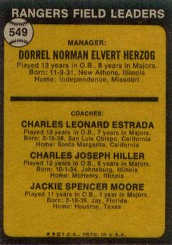 1973 Topps #549 Rangers Field Leaders (Whitey Herzog / Chuck Estrada / Chuck Hiller / Jackie Moore) Back