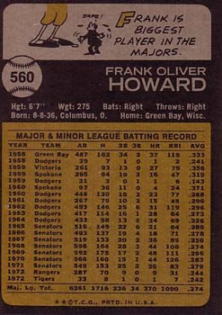 1973 Topps #560 Frank Howard Back