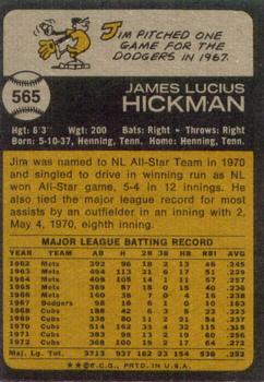1973 Topps #565 Jim Hickman Back