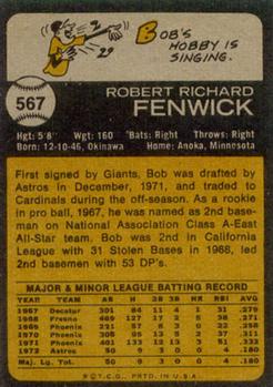 1973 Topps #567 Bob Fenwick Back