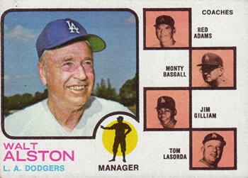 1973 Topps #569 Dodgers Field Leaders (Walt Alston / Red Adams / Monty Basgall / Jim Gilliam / Tom Lasorda) Front