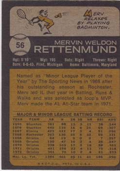 1973 Topps #56 Merv Rettenmund Back
