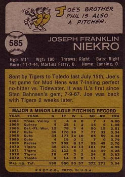 1973 Topps #585 Joe Niekro Back