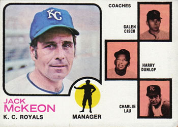 1973 Topps #593 Royals Field Leaders (Jack McKeon / Galen Cisco / Harry Dunlop / Charlie Lau) Front