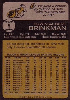 1973 Topps #5 Ed Brinkman Back