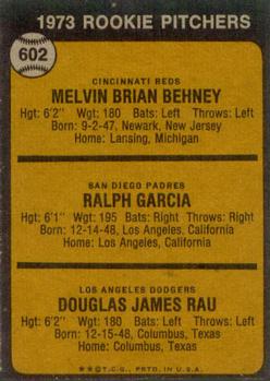 1973 Topps #602 1973 Rookie Pitchers (Mel Behney / Ralph Garcia / Doug Rau) Back