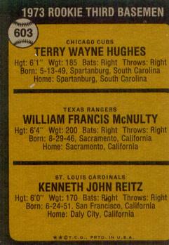 1973 Topps #603 1973 Rookie Third Basemen (Terry Hughes / Bill McNulty / Ken Reitz) Back