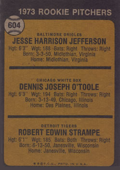 1973 Topps #604 1973 Rookie Pitchers (Jesse Jefferson / Dennis O'Toole / Bob Strampe) Back