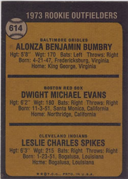 1973 Topps #614 1973 Rookie Outfielders (Alonza Bumbry / Dwight Evans / Charlie Spikes) Back