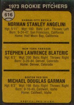 1973 Topps #616 1973 Rookie Pitchers (Norm Angelini / Steve Blateric / Mike Garman) Back
