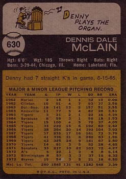 1973 Topps #630 Denny McLain Back