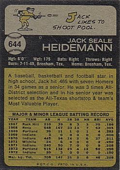 1973 Topps #644 Jack Heidemann Back