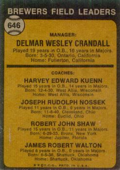 1973 Topps #646 Brewers Field Leaders (Del Crandall / Harvey Kuenn / Joe Nossek / Bob Shaw / Jim Walton) Back