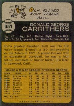 1973 Topps #651 Don Carrithers Back