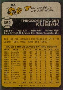 1973 Topps #652 Ted Kubiak Back