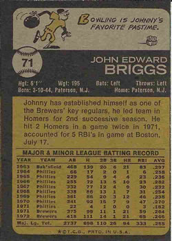 1973 Topps #71 Johnny Briggs Back