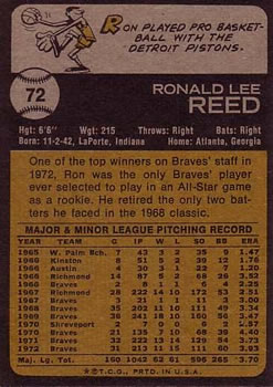 1973 Topps #72 Ron Reed Back