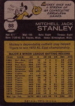 1973 Topps #88 Mickey Stanley Back
