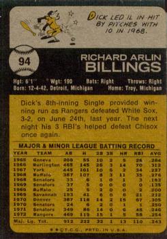 1973 Topps #94 Dick Billings Back