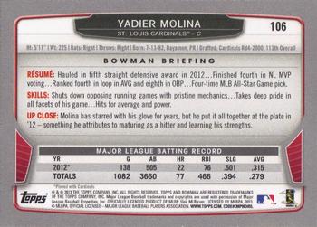 2013 Bowman #106 Yadier Molina Back
