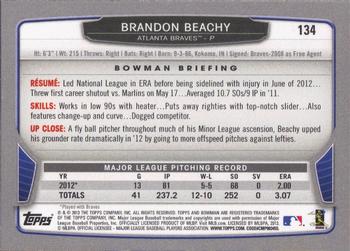 2013 Bowman #134 Brandon Beachy Back