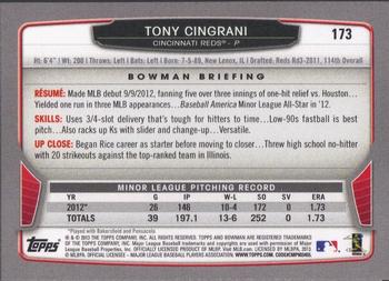 2013 Bowman #173 Tony Cingrani Back