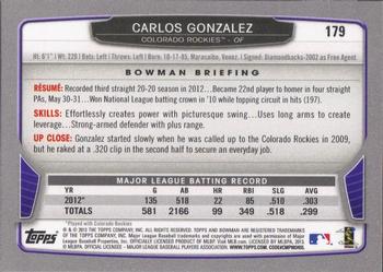2013 Bowman #179 Carlos Gonzalez Back