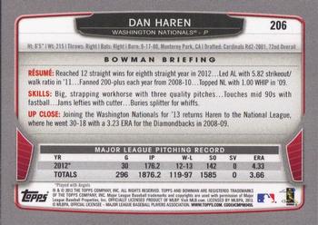 2013 Bowman #206 Dan Haren Back