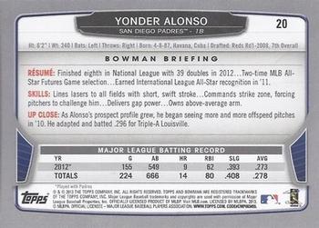 2013 Bowman #20 Yonder Alonso Back