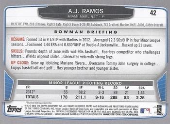 2013 Bowman #42 A.J. Ramos Back