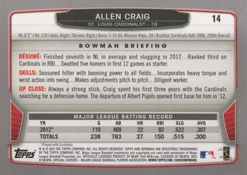 2013 Bowman #14 Allen Craig Back