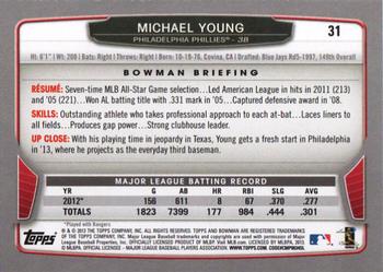 2013 Bowman #31 Michael Young Back