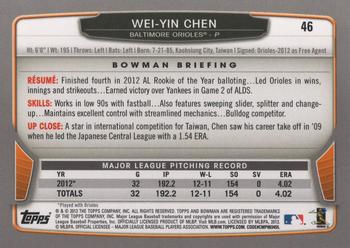 2013 Bowman #46 Wei-Yin Chen Back